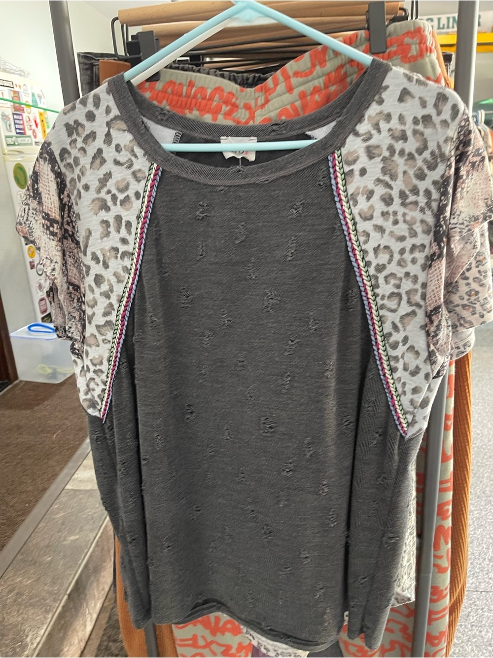 BiBi Charcoal Gray Short Sleeve Top with Leopard Raglan Sleeves